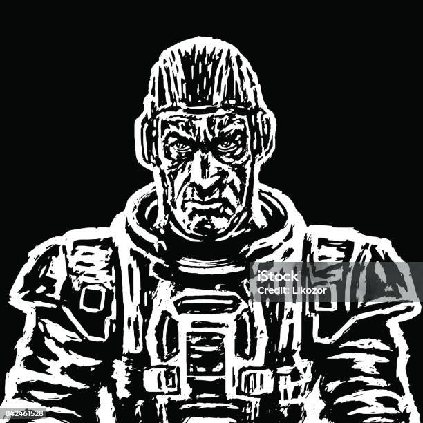 Old Cosmonaut In A Space Suit Without A Helmet In Black And White Colors Vector Illustration Stock Illustration - Download Image Now