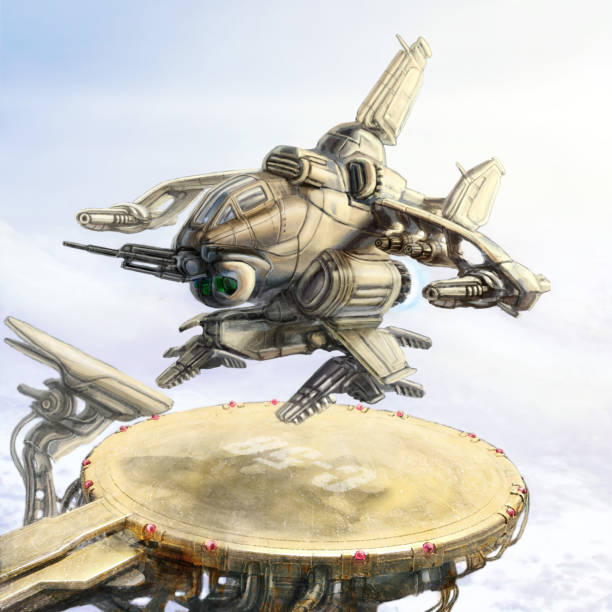 istock A fantastic ship lands on a landing pad at a station in the mountains. Science fiction illustration. 842461610