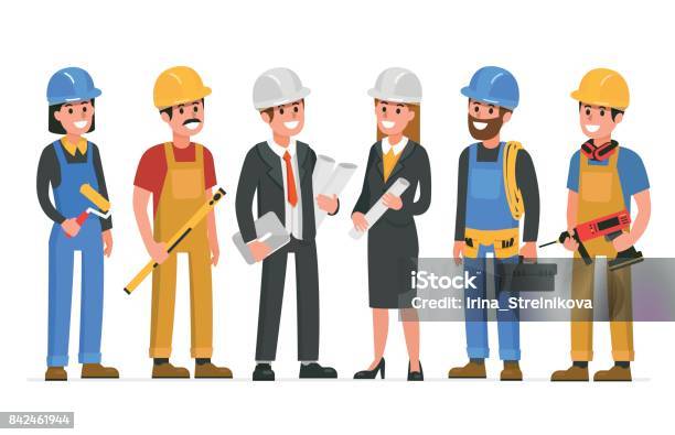 Builders Stock Illustration - Download Image Now - Engineer, Helmet, Occupation