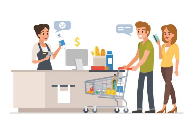 Family in market Retail woman cashier with barcode scanner and young couple with purchases. Family shopping in supermarket and paying with card. Vector illustration. retail clerk illustrations stock illustrations