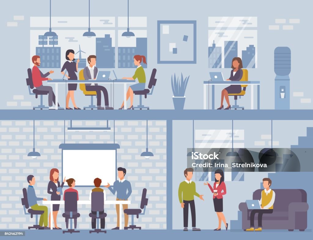 Office People in coworking office concept design for web banners, infographics. Co-workers at work. Flat style vector illustration. Office stock vector