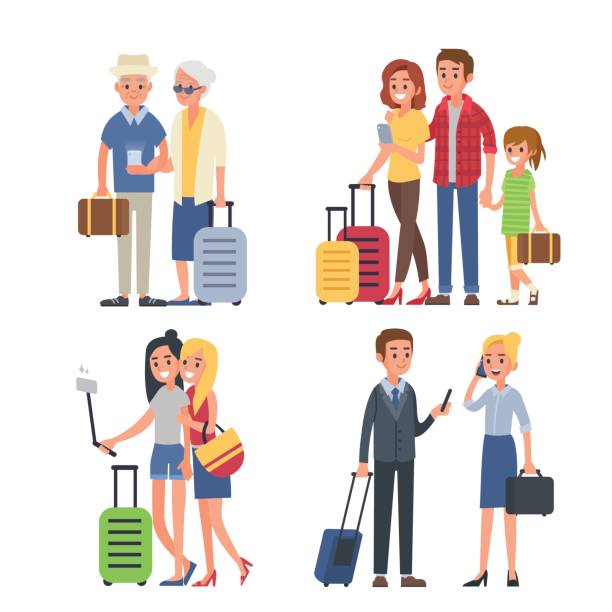 Traveling people Different traveling people with luggage. Vector illustration. family vacations stock illustrations