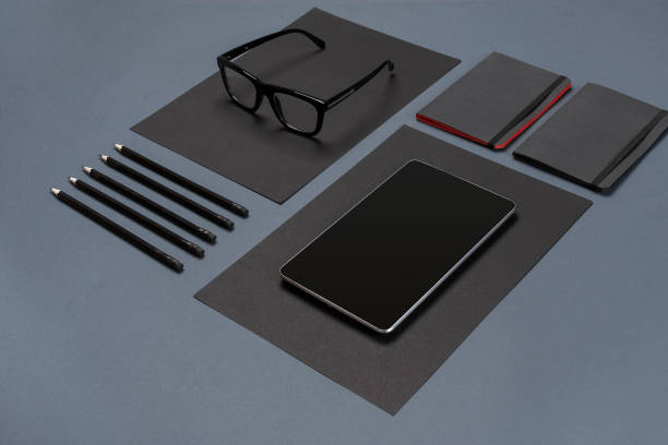 istock Modern mock up flat lay of notebook and stationery on gray background 842462408