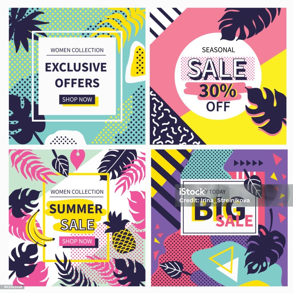 Banners Social media sales banners set. Trendy 80s-90s retro style with floral elements. Vector illustration. Summer stock vector