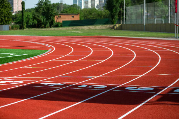 istock Red treadmill at the stadium with the numbering 842463142
