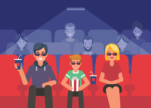 Happy family watching 3d movie in cinema. Vector illustration.