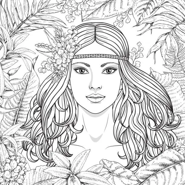 Vector illustration of Girl and  tropical plants