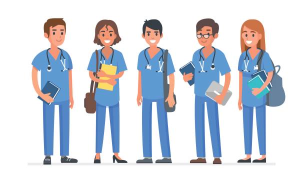 Medical students Group of young medical students. Students team. Vector illustration. nurse stock illustrations
