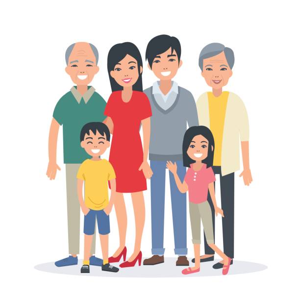 asiatische familie - family portrait asian ethnicity mother stock-grafiken, -clipart, -cartoons und -symbole