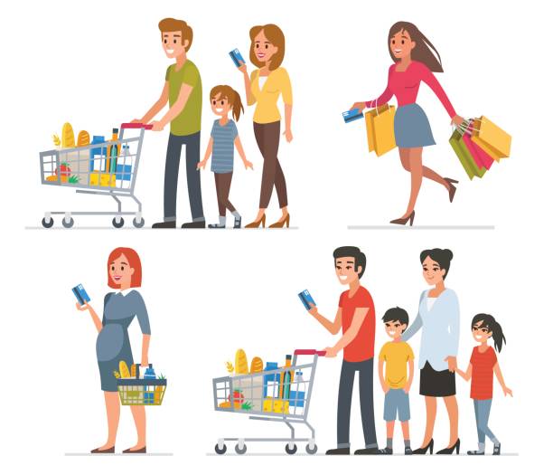 shopping Different people shopping in supermarket and paying with card. Vector illustration. happy family shopping stock illustrations