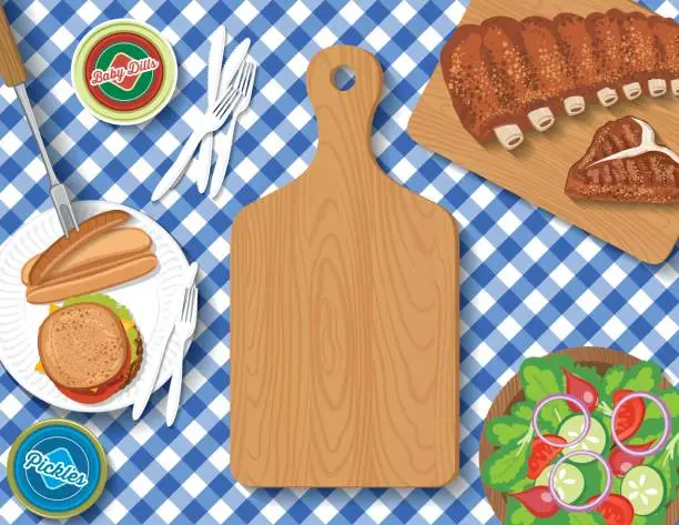 Vector illustration of Checkered Tablecloth With Picnic Flatlay