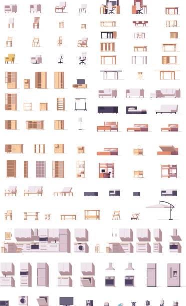 Vector low poly furniture set Vector furniture set. Includes chairs, sofas, cabinets, patio and kitchen furniture couch side view stock illustrations
