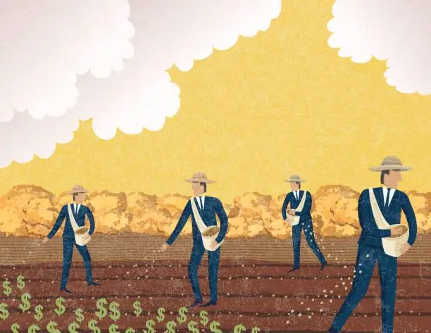 Vector illustration of Businessman Sowing Seeds In The Field. Growth Concept