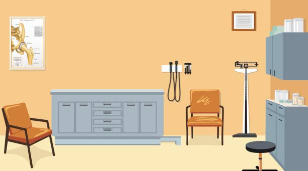 illustrazioni stock, clip art, cartoni animati e icone di tendenza di sala d'esame del medico vuota con mobili e attrezzature - clinica medica