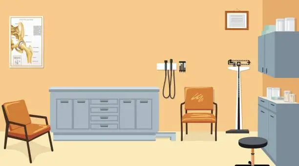Vector illustration of Empty Doctor's Examination Room With Furniture And Equipment