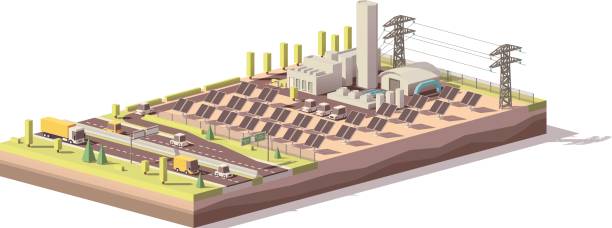 ilustrações de stock, clip art, desenhos animados e ícones de vector low poly solar power plant infrastructure - tower isometric communications tower antenna