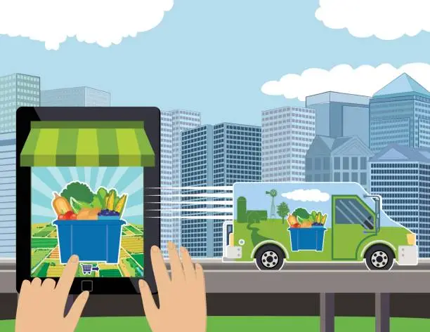 Vector illustration of Person ordering groceries to be delivered on their tablet