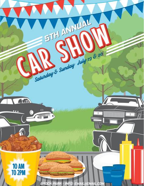 Summer Tailgate Party At A Car Show Summer Tailgate Party At A Car Show car show stock illustrations