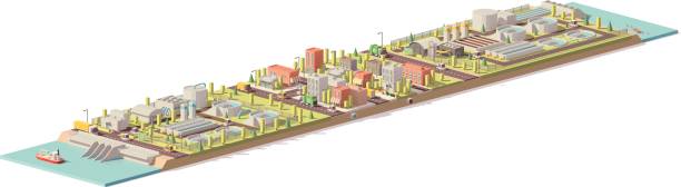 Vector low poly water treatment and consumption Vector low poly water treatment and consumption illustration. Includes water and wastewater treatment plants and city 3d city street stock illustrations