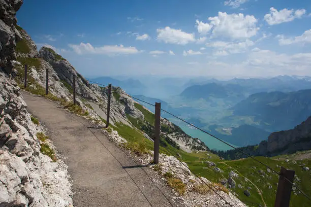 Panorama of the Upper Engadine from Muottas Muragl with very steep trail, Switzerland