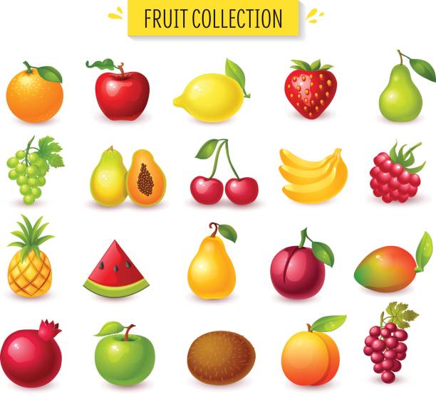 ilustraciones, imágenes clip art, dibujos animados e iconos de stock de conjunto de frutas y bayas. - fruit apple orange lemon