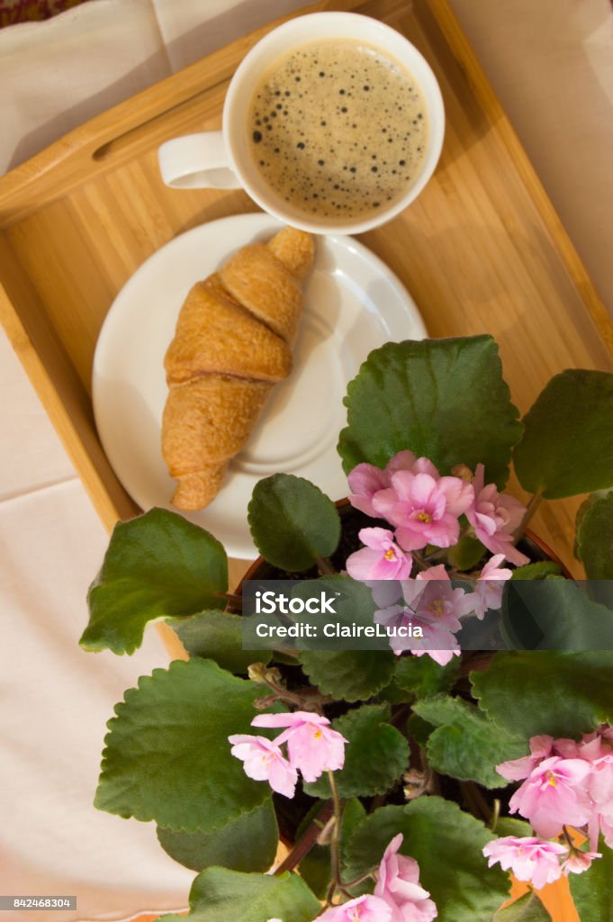  Buenos Dias Desayuno Con Café Y Croissant En Una Madera Bandeja Y Flores Violeta Rosa Foto de stock y más banco de imágenes de Acogedor