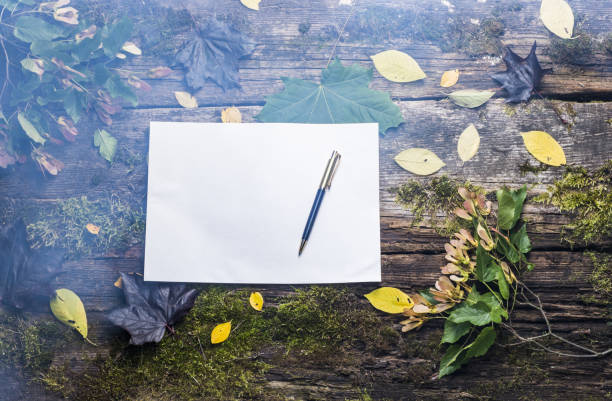 istock old wooden table with autumn leaves top view 842469688