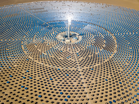 High Aerial view of large solar thermal power plant farm in the desert. Solar thermal power station. Nevada, USA.