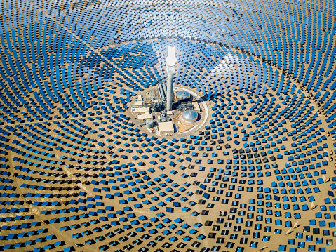 Drone aerial view of solar thermal power plant station in the desert. Solar thermal power station. Nevada, USA.