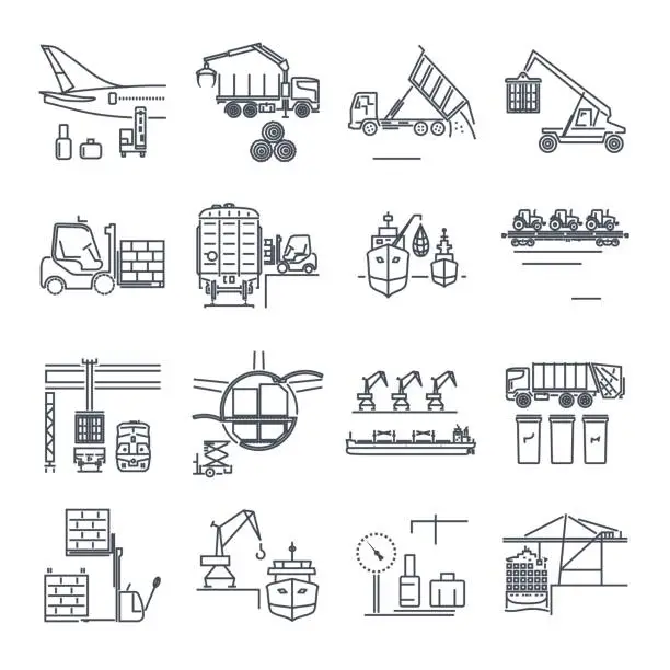 Vector illustration of set of thin line icons loading and unloading of goods, handling, storage