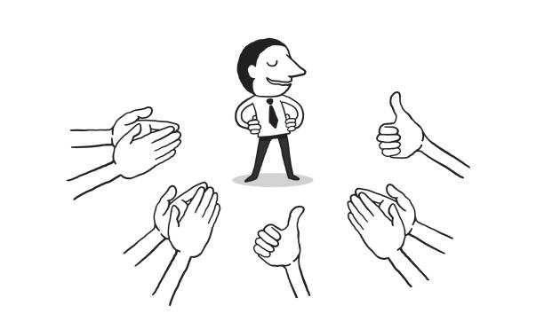 ilustrações de stock, clip art, desenhos animados e ícones de hand drawn of businessman with many hands clapping ovation and thumps up on white background. - thumps up