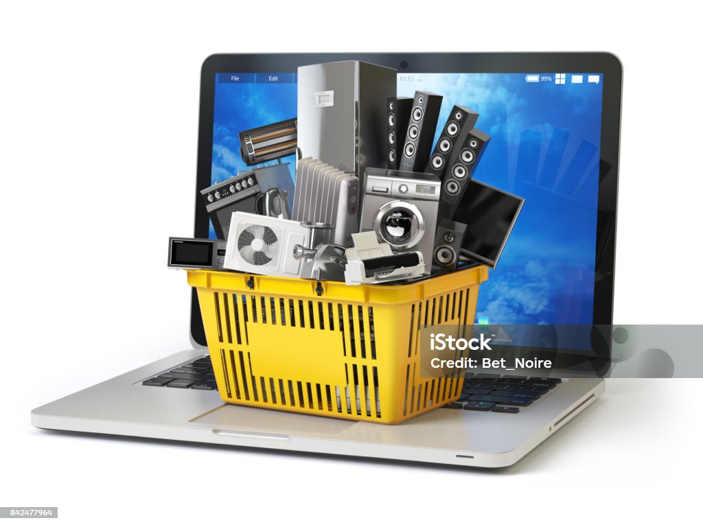 E-commerce online shopping or delivery concept. Home appliance in shopping cart on the laptop keyboard isolated on white. 3d E-commerce online shopping or delivery concept. Home appliance in shopping cart on the laptop keyboard isolated on white. 3d illustration Buying Stock Photo