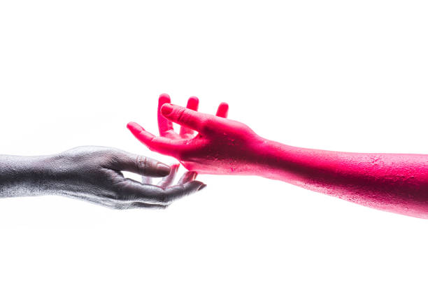 istock Support, hands on white background isolated, silver and red human hand. Gentle touch, trust. Art project, creative self expression. Different colors and different races. Paints and color science 842478286