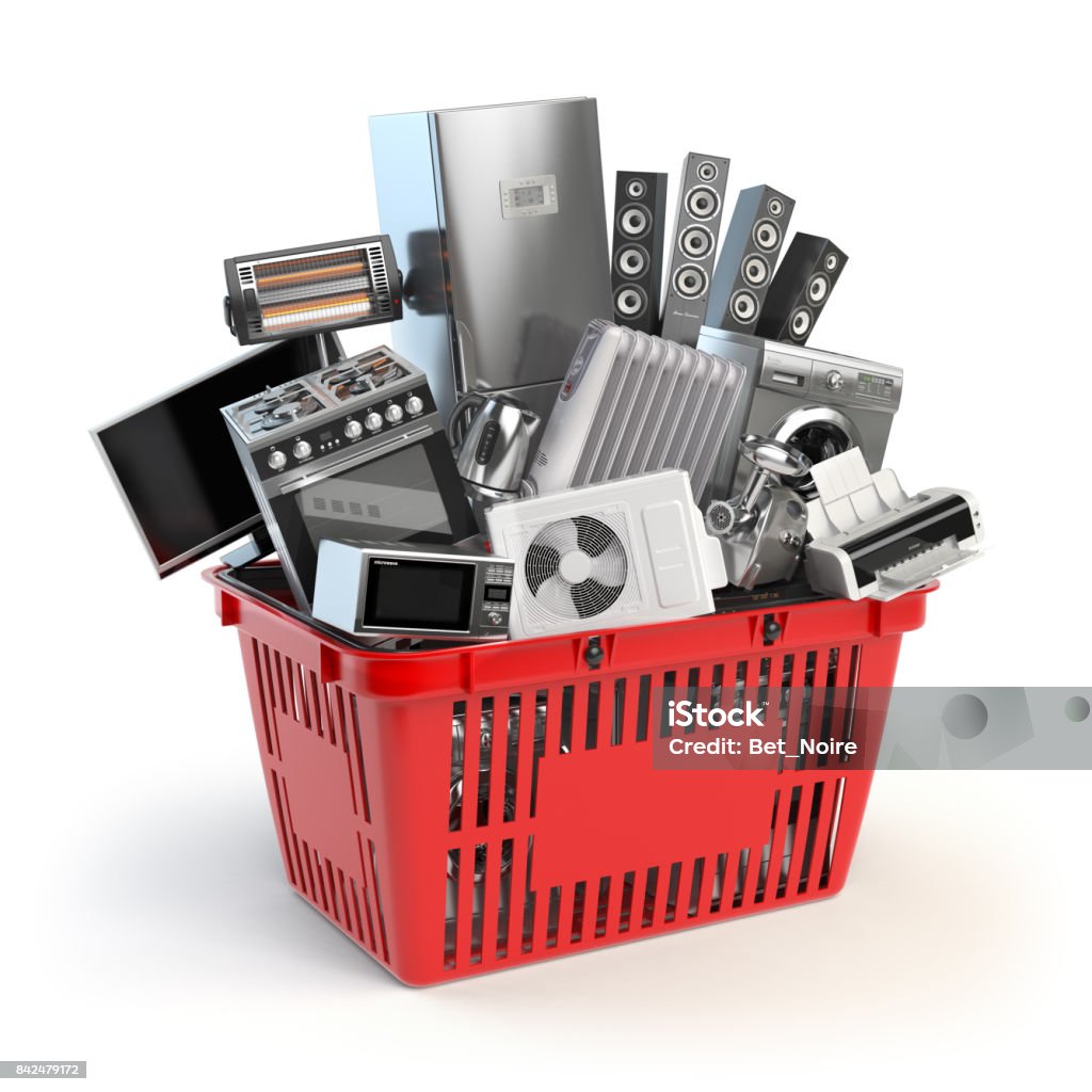 Kitchen appliances in the shopping basket. Online e-commerce concept. Kitchen appliances in the shopping basket. Online e-commerce concept. 3d illustration Electronics Industry Stock Photo