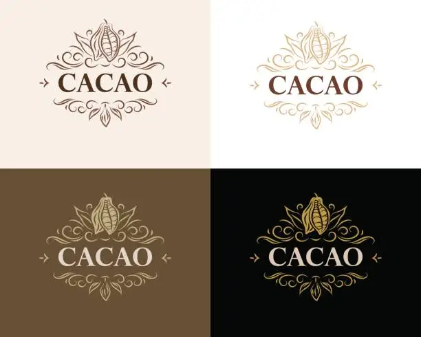 Vector illustration of Fine flourish luxury calligraphic cacao emblem, design, template, label. Vector vintage cacao (symbol) for cafe, restaurant, shop, print.