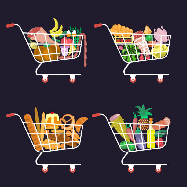 shopping cart food Set of supermarket cart with various healthy food in flat design. Shopping basket with fresh vegetables. vector illustration eps 10 apple pie cheese stock illustrations