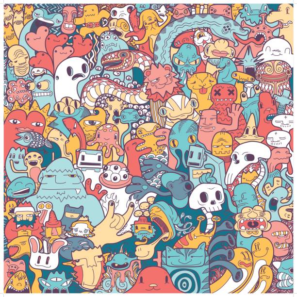 odręczny potwór doodle w pełnym kolorze - grupa zwierząt ilustracje stock illustrations