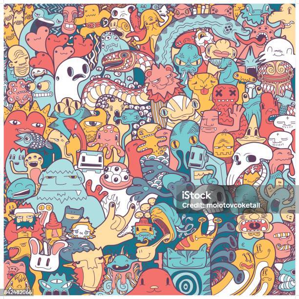 Freehand Monster Doodle In Full Color Stock Illustration - Download Image Now - Manga Style, Monster - Fictional Character, Illustration