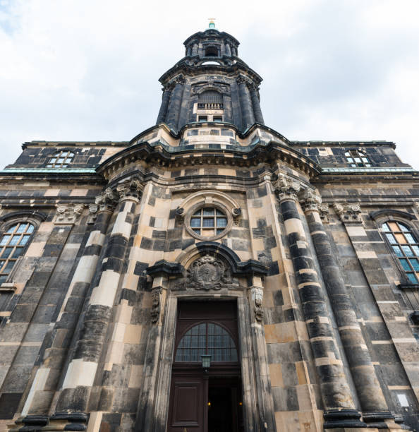 Low-angle view of the main entrance to the Kreuzkirche (Church of the Holy Cross) in Dresden, Germany.