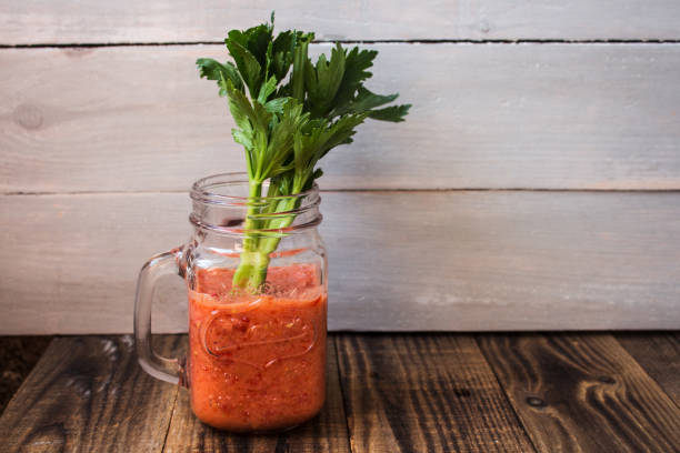 fresh tomato smoothies and celery in a jar - basil tomato soup food and drink imagens e fotografias de stock