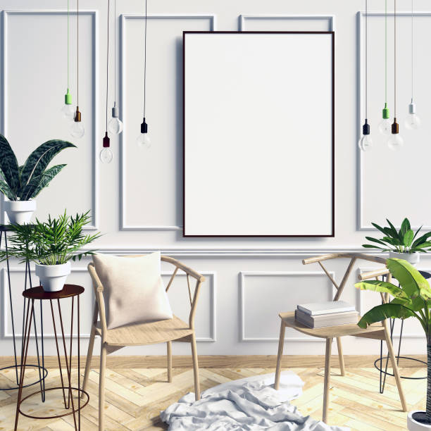 istock 3d illustration, modern interior with frame, poster and chair. poster mock up 842488424