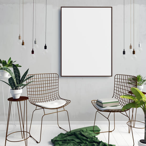 istock 3d illustration, modern interior with frame, poster and chair. poster mock up 842488504