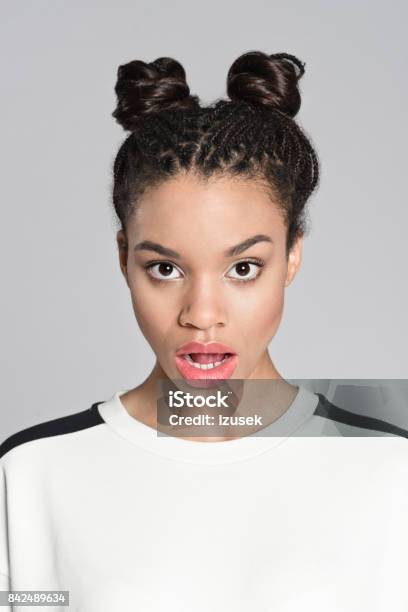 Surprised Afro American Teenager Woman With Mouth Open Stock Photo - Download Image Now