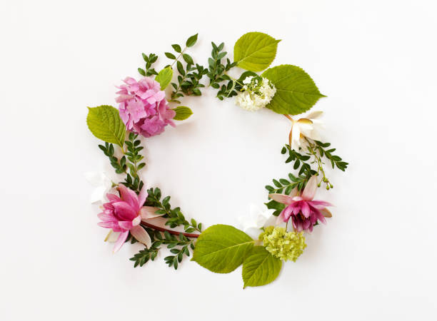 istock round frame with blooming flowers and leaves on white background. flat lay, top view 842491076