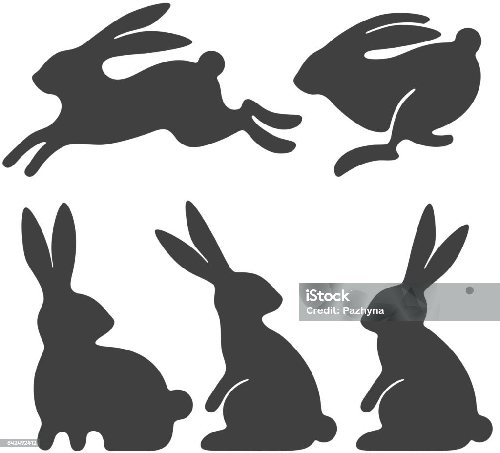 Rabbit set Rabbit set. Stylized silhouettes of sitting and running rabbits, isolated on white background. Vector illustration. Rabbit - Animal stock vector