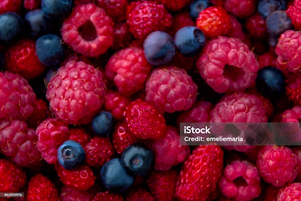 Gros plan photo de frais mélange coloré de baies : myrtille, de framboise et de fraise des bois - Photo de Fruit rouge libre de droits