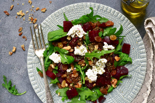 Warm beetroot salad with arugula,raisins and feta