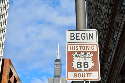 Route 66 sign, the beginning of historic Route 66, leading through Chicago, Illinois.