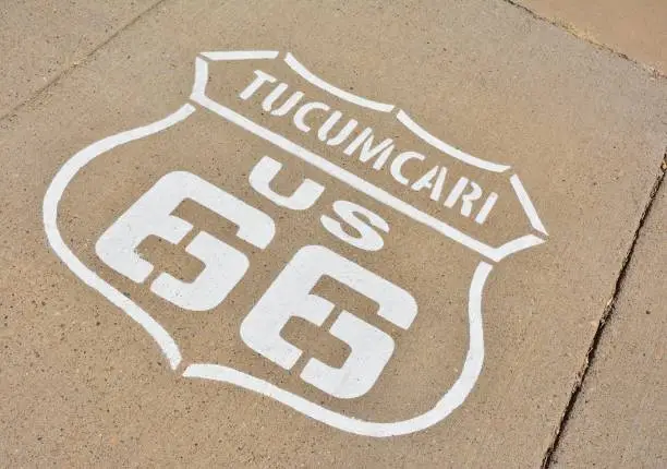 Route 66 sign painted on the road in Tucumcari