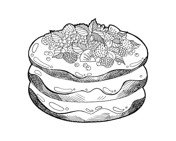 малиновые блины на завтрак. нарисованная вручную иллюстрация пищи. фаст-фуд, нездоровая еда. изображение вектора пищи изолировано на белом  - close up mint raspberry white background stock illustrations
